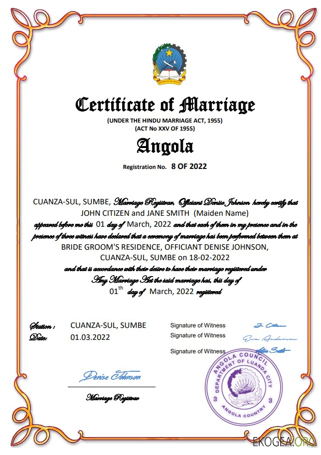 Modèle Word et PDF d'acte de mariage en Angola